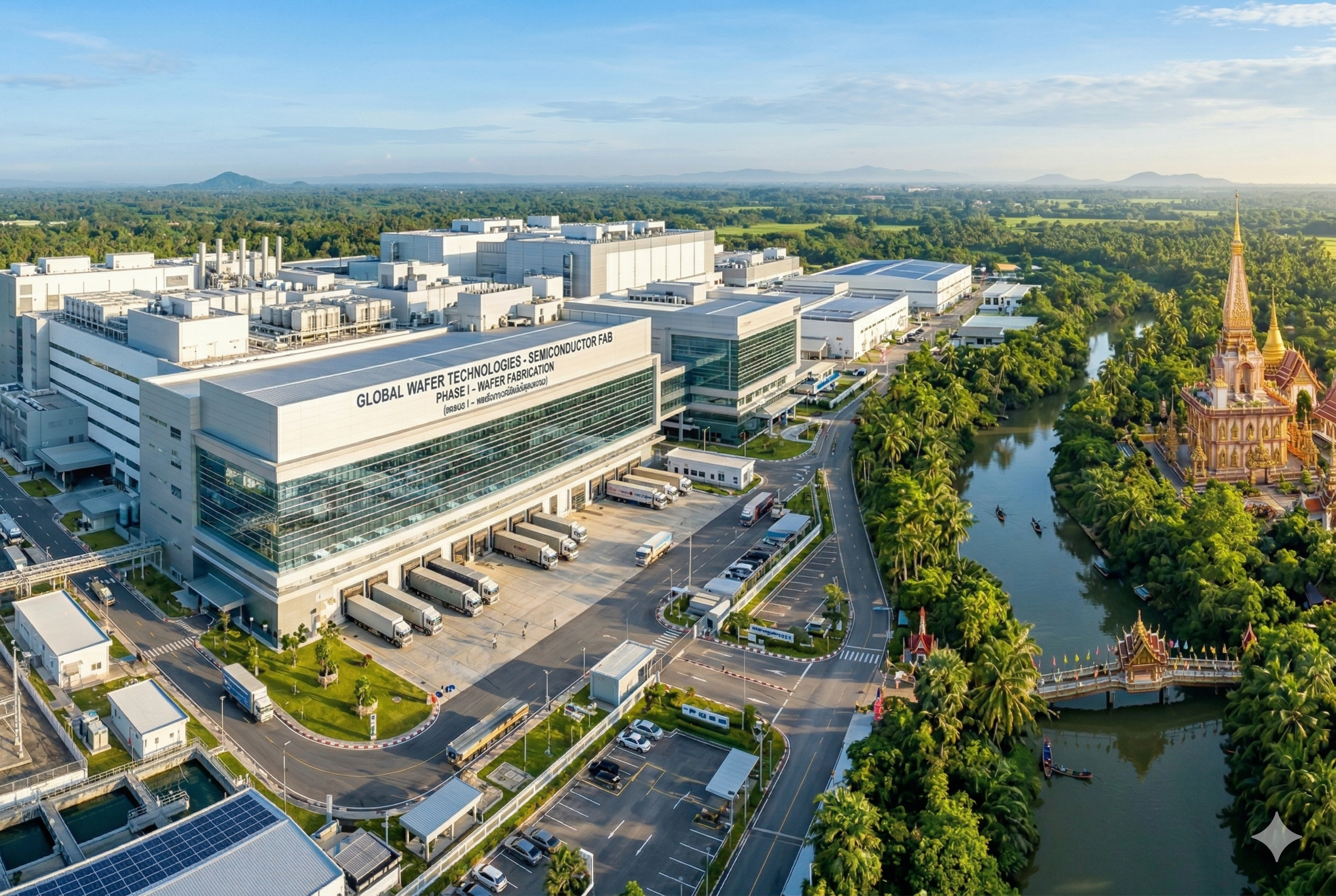 A high-angle, hyper-realistic panoramic view of a modern semiconductor wafer fab with a large white building labeled 'Global Wafer Technologies,' situated next to a traditional Thai-style temple and a lush tropical landscape with a river and palm trees under a clear morning sky. Created with Gemini.