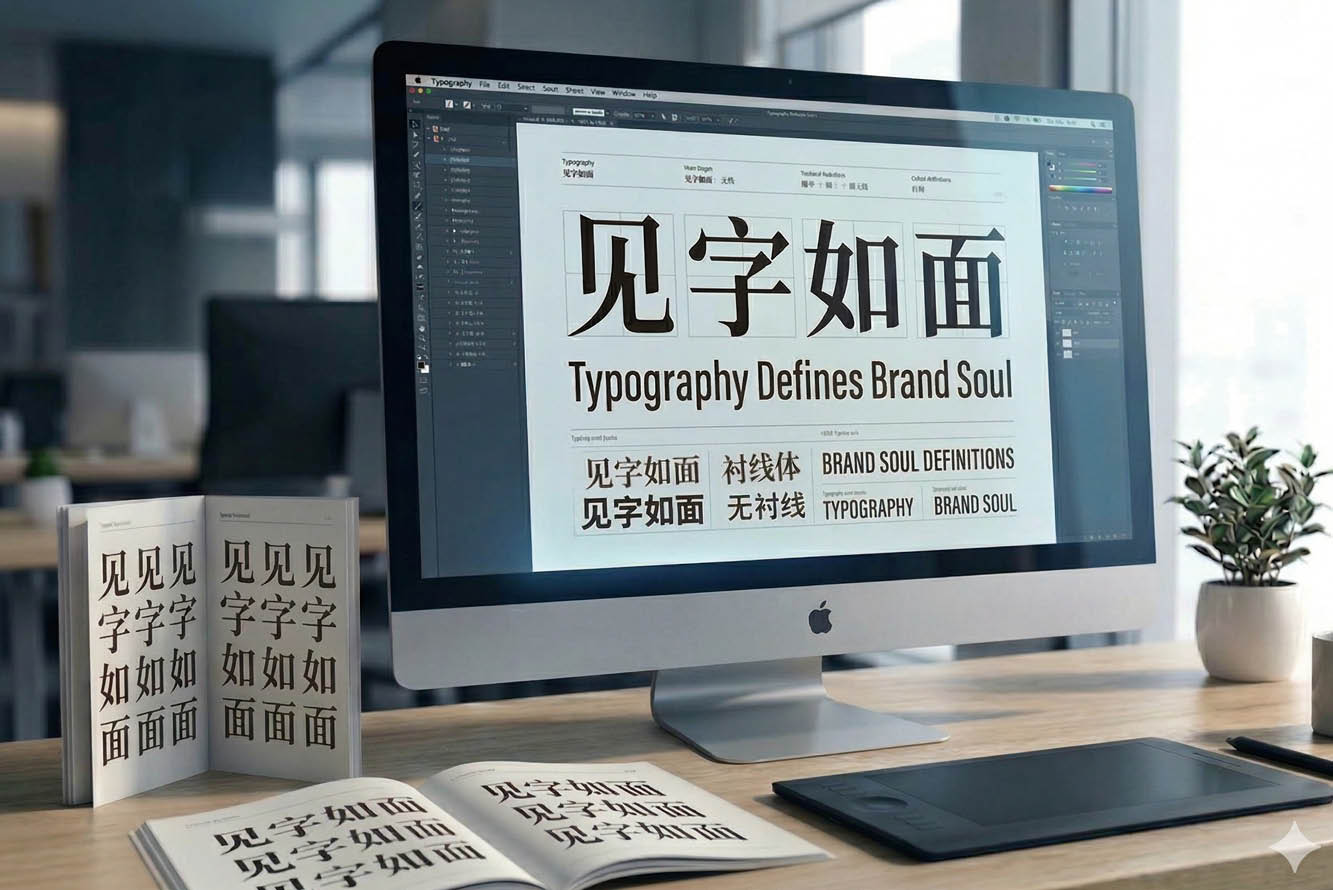 Gemini Created Image. A professional designer's workspace featuring a large iMac displaying typography and font specifications for the phrase 'Typography Defines Brand Soul' with large Chinese characters. The monitor shows multiple stacked font variations of '见字如面', alongside labels. Surrounding the iMac are an open book showing more character variations, a Wacom tablet and stylus, a potted plant, and a coffee mug, all on a wooden desk.