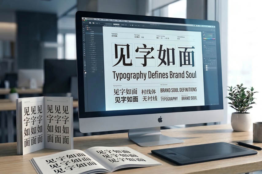 Gemini Created Image. A professional designer's workspace featuring a large iMac displaying typography and font specifications for the phrase 'Typography Defines Brand Soul' with large Chinese characters. The monitor shows multiple stacked font variations of '见字如面', alongside labels. Surrounding the iMac are an open book showing more character variations, a Wacom tablet and stylus, a potted plant, and a coffee mug, all on a wooden desk.