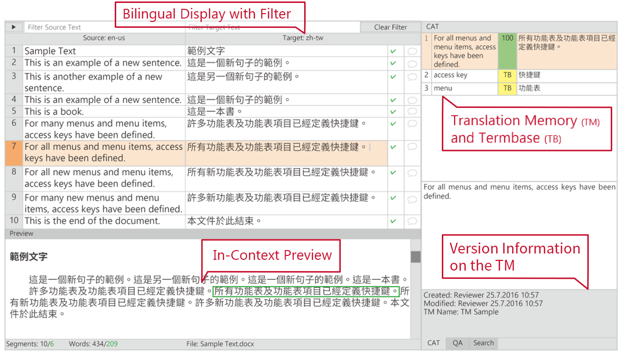 The CAT tool included in the TMS enhances the speed and quality of the translation team. (Image based on the Phrase TMS interface)